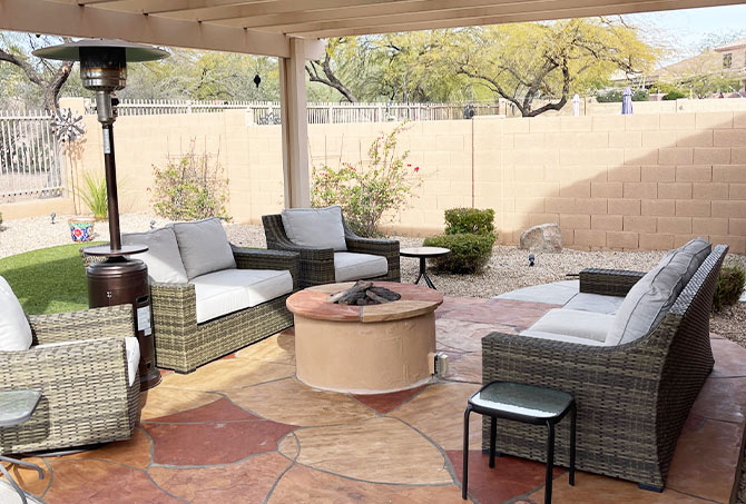 This is a flagstone sitting area with a fire feature that has been beautifully restored.