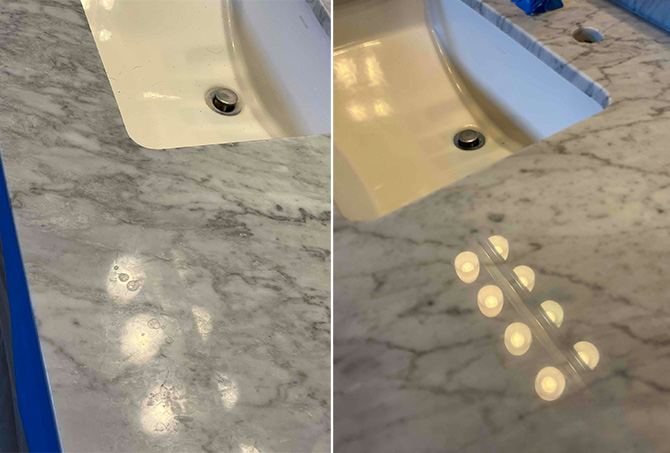 BEFORE (left) and AFTER (right) shows the dramatic difference our marble restoration services made.