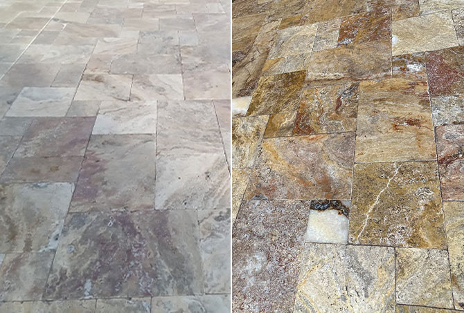 A before-and-after comparison of stone restoration in the grill area.