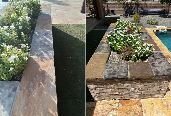 A before-and-after comparison of stone restoration of the planter.