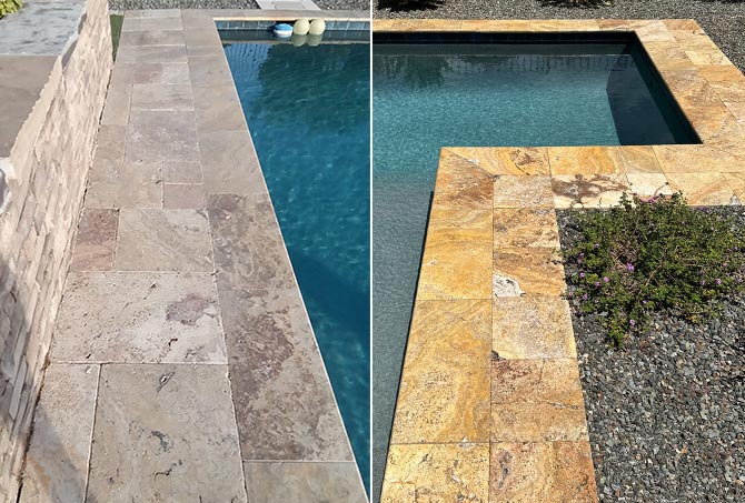 A before-and-after comparison of stone restoration around the pool.