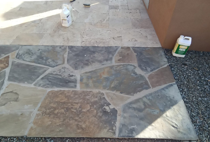 This BEFORE image shows the dull-looking travertine and flagstone.