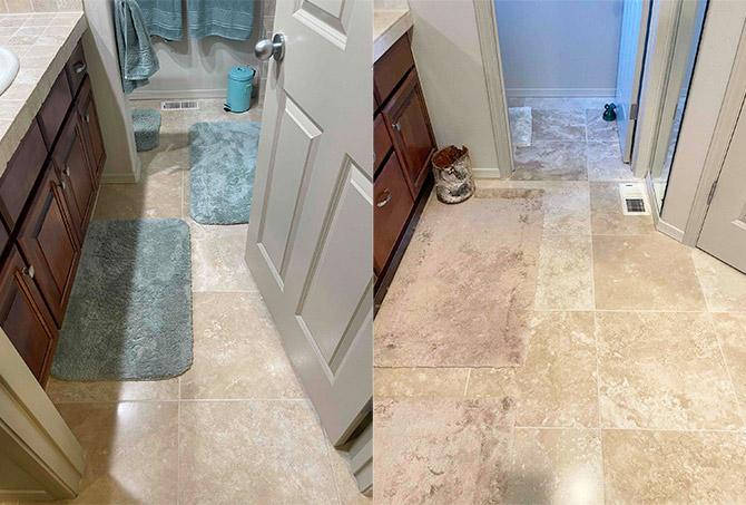 Here is another This BEFORE left and AFTER right image Notice the travertine colors appear more vibrant.