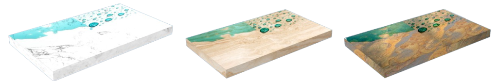 Three rectangular wood blocks with resin art surfaces in white marble, turquoise, and sandy beige tones, shown at slight angles on a black background